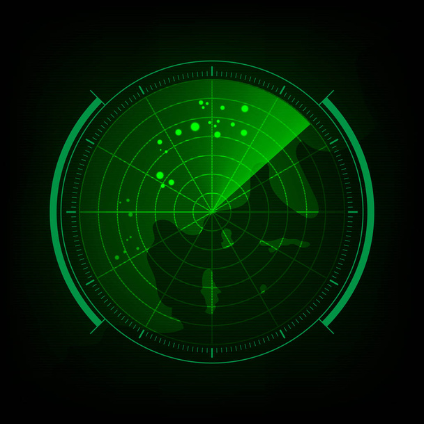Radarschirm mit futuristischer Benutzeroberfläche und digitaler Vektordarstellung der Weltkarte. - Vektor, Bild