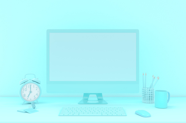 Idea minimale, modello di computer su scrivania con tastiera, mouse, orologio, clip legante e biglietto da visita colore blu su sfondo blu. rendering 3d
. - Foto, immagini