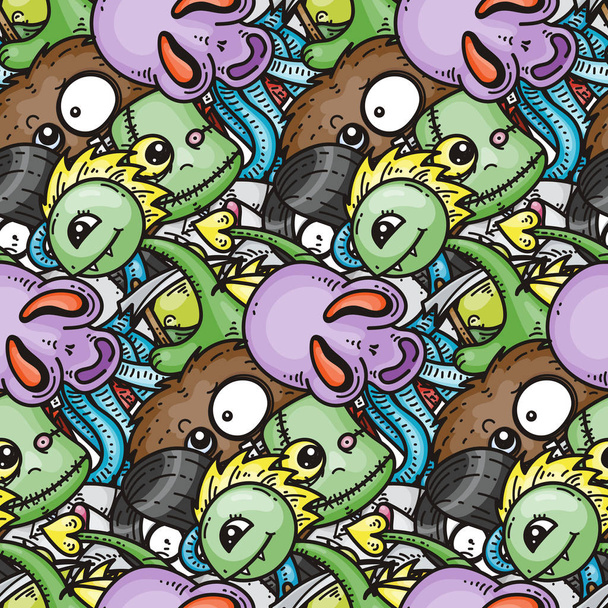 Seamless pattern with cute cartoon monsters. Ready for packaging, wrapping paper, prints, wallpaper, fabric, textile, fashion, home decor, etc. - Vector, Image