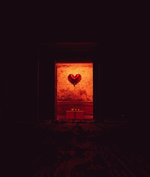 Dar pole i serce balonu w nawiedzonym domu, renderowania 3d - Zdjęcie, obraz