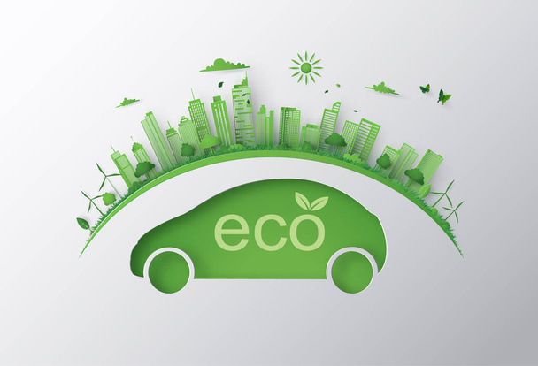 Концепция экологического автомобиля и окружающей среды с зеленым городом на земле. бумажное искусство 3d от цифрового ремесла
 . - Вектор,изображение