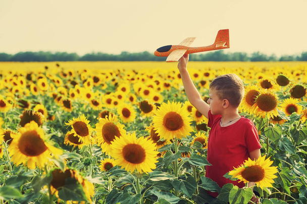 Child playing with a model plane in the field - Foto, Bild