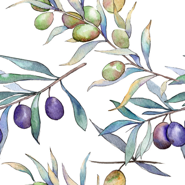 Green and black olives. Watercolor background illustration set. Seamless background pattern. - Foto, immagini
