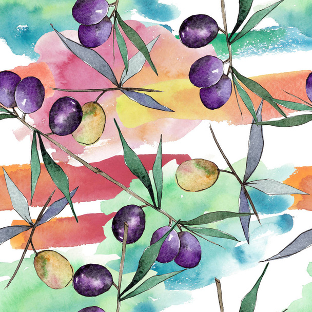 Green and black olives. Watercolor background illustration set. Seamless background pattern. - Фото, изображение