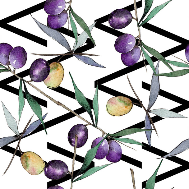 Green and black olives. Watercolor background illustration set. Seamless background pattern. - Foto, Bild