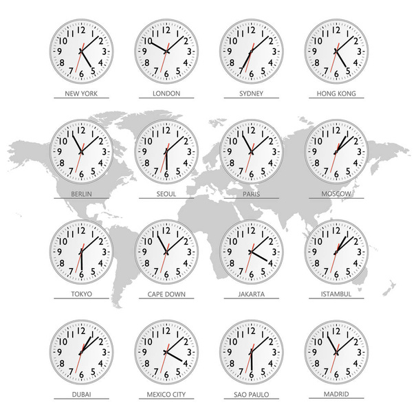 Tijd van de wereld. Horloge. Platte vectorillustratie tijdzones. - Vector, afbeelding