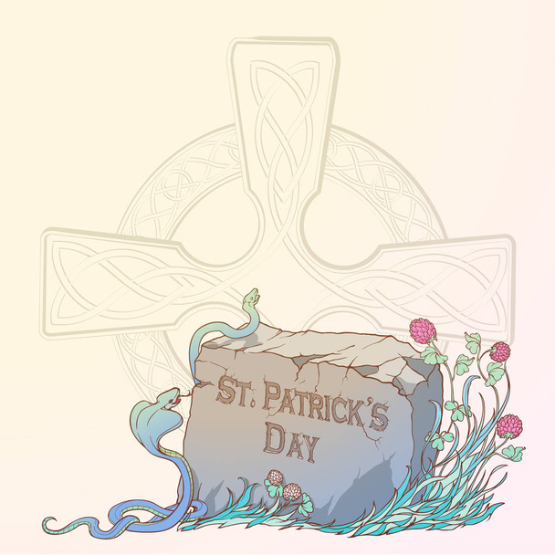 Розовый клевер в цвету, змеи и традиционный кельтский крест. Праздничный дизайн дня Святого Патрика
 - Вектор,изображение