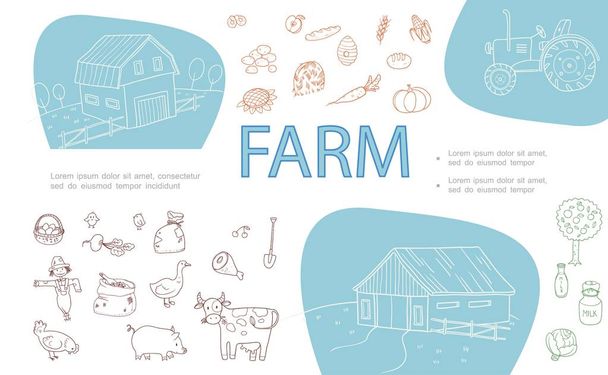 Kézzel rajzolt Farm monokróm ikonok beállítása - Vektor, kép