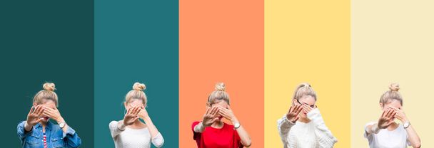 Collage of young beautiful blonde woman over vivid colorful vintage stripes isolated background covering eyes with hands and doing stop gesture with sad and fear expression. Embarrassed and negative concept. - Zdjęcie, obraz