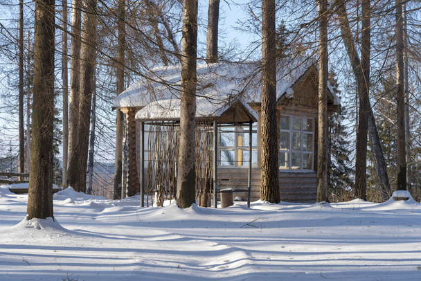 Fából készült pavilon az erdőben, egy napsütéses téli napon. A következő reptér környékén: a pavilonban fenyőfák. - Fotó, kép