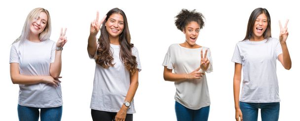 Collage of group of chinese, arab, african american woman over isolated background smiling with happy face winking at the camera doing victory sign. Number two. - Photo, Image