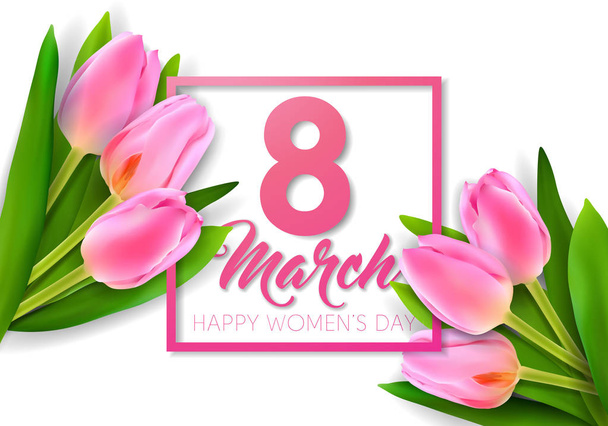 Happy Womens Day Floral Greeting Card Design. International Female Holiday Illustration with Tulip Flower and Typography Letter on White Background. Vector International 8 March Template. - Vector, Image