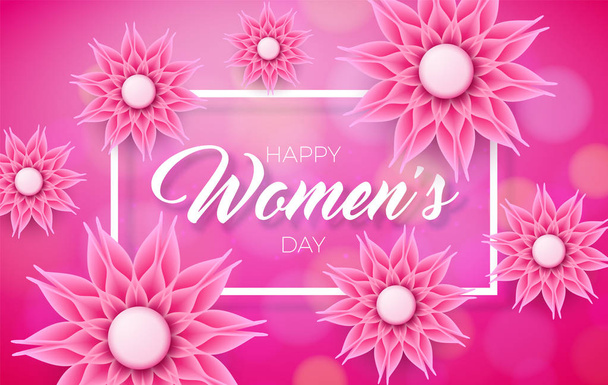 Happy Womens Day Floral Greeting Card Design. International Female Holiday Illustration with Abstravt Flower and Typography Letter on Pink Background. Vector International 8 March Template. - Вектор,изображение