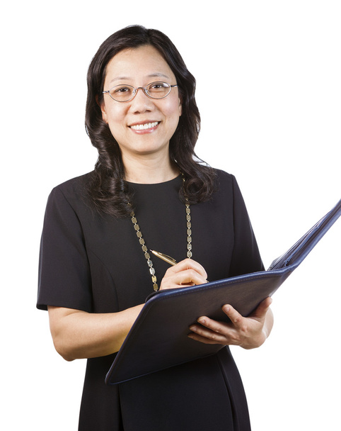 Mujer asiática madura en traje de negocios con herramientas de escritura
 - Foto, Imagen