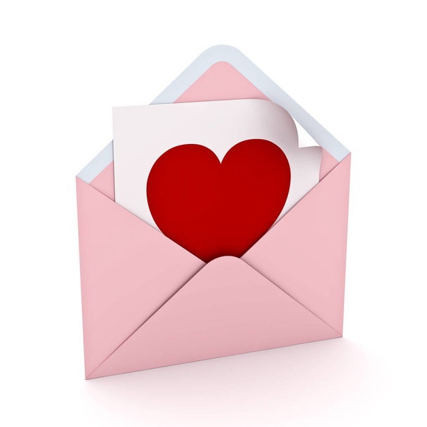 Чистое красное сердце формы на белой бумаге ноты в розовом пастельном цветовом конверте изолированы на белом фоне с тенью на день святого Валентина 3D рендеринг
 - Фото, изображение
