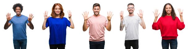 Composition of african american, hispanic and caucasian group of people over isolated white background showing and pointing up with fingers number nine while smiling confident and happy. - Photo, Image