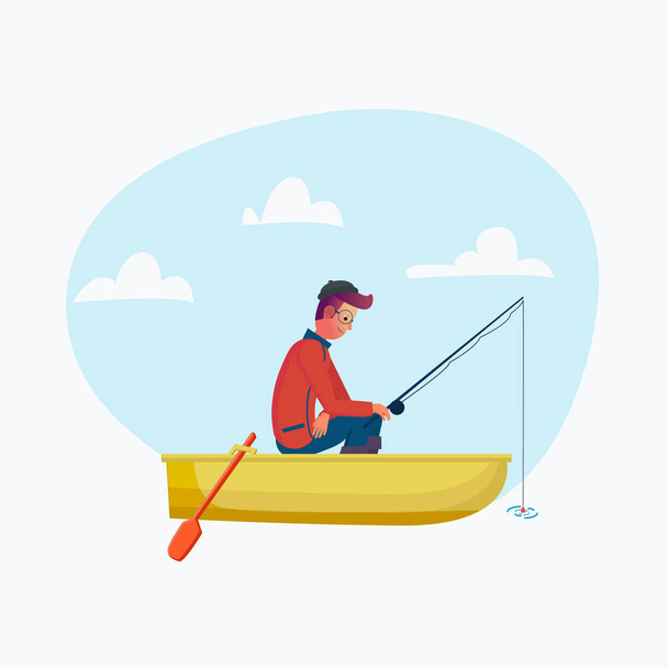 Fisher man holding fishing rod in the boat, season fishing. Vector cartoon character on holiday, trip. illustration. Flat design style. - Vetor, Imagem