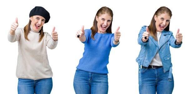 Collage of beautiful middle age woman over isolated background approving doing positive gesture with hand, thumbs up smiling and happy for success. Looking at the camera, winner gesture. - Photo, Image