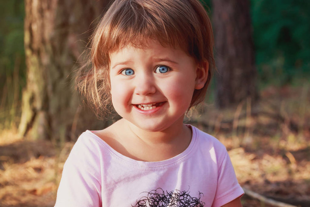 Τα γελοία μικρό κορίτσι μοιάζει με μια φωτογραφική μηχανή και χαμόγελα. Ένα παιδί ηλικίας 3 ετών που κάθεται σε ένα κούτσουρο στο δάσος - Φωτογραφία, εικόνα