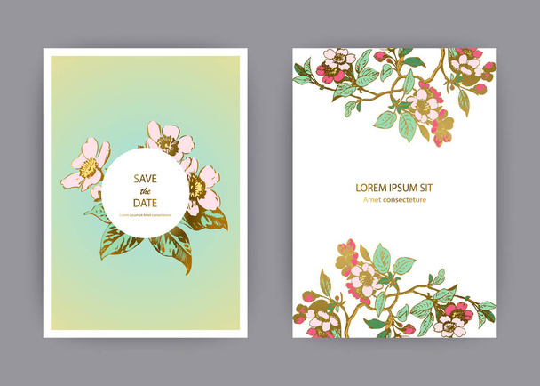 Növénytani esküvői meghívó kártya sablon design, kézzel rajzolt sakura virágok és levelek, ágak, vintage vidéki cseresznyevirág zöld háttér, retro stílusú pasztell színű vektor illusztráció - Vektor, kép