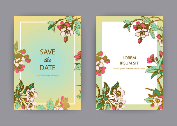 Botaniczny ślub zaproszenia karty szablonu projektu, ręcznie rysowane sakura kwiatów i liści na gałęzi, vintage wiejskich kwiat wiśni na zielonym tle, ilustracji wektorowych pastelowych kolorów stylu retro - Wektor, obraz