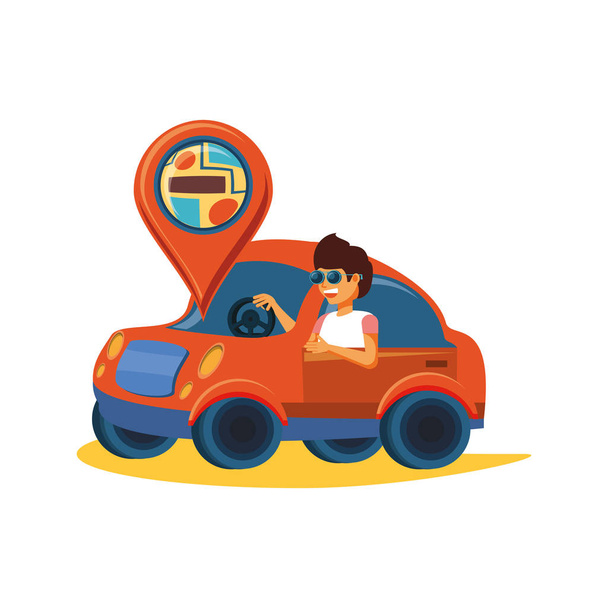 homme conduite tourisme petite voiture avec broche GPS
 - Vecteur, image