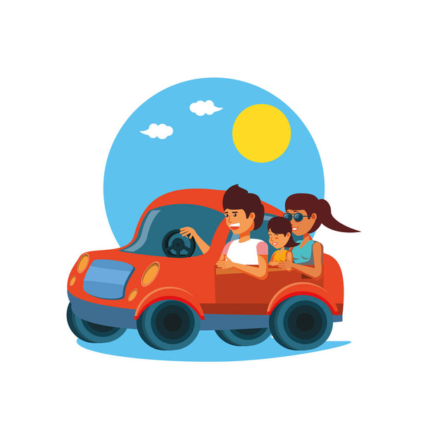 οικογένεια οδήγηση τουρισμού μικρό αυτοκίνητο - Διάνυσμα, εικόνα