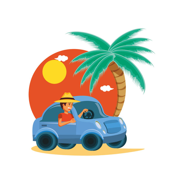 hombre conduciendo turismo pequeño coche en el paisaje marino
 - Vector, imagen