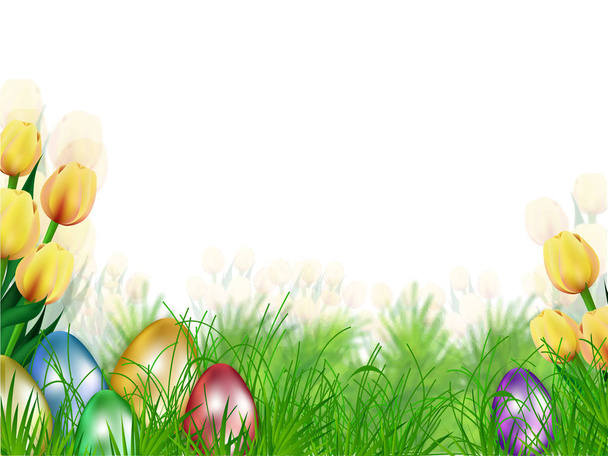 Nature view background decorated with tulip flowers and realistic easter eggs. - Vector, Image