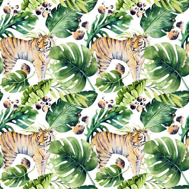Seamless watercolor tiger pattern with tigers with tropical leaves, aloha jungle hawaiian. Hand painted palm leaf. Texture with tropic summer background, wrapping paper, textile or wallpaper design. - Foto, Bild
