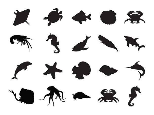 vector set of silhouettes of 20 marine animals - Vektör, Görsel