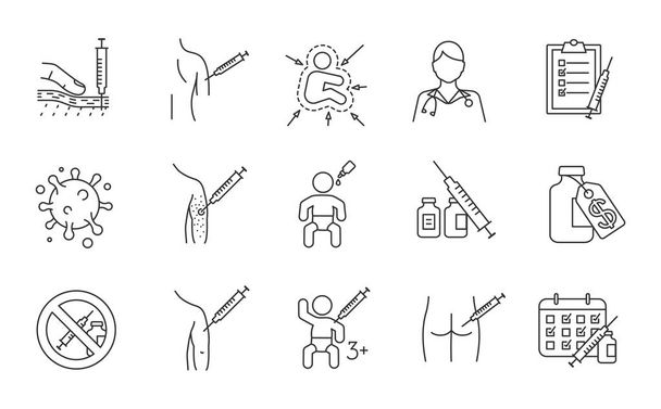 Vaccination and immunization linear icons set. Thin line contour symbols. Vaccines for kids, adults. Flu, hepatitis, measles diseases prevention. Isolated vector outline illustrations. Editable stroke - Wektor, obraz