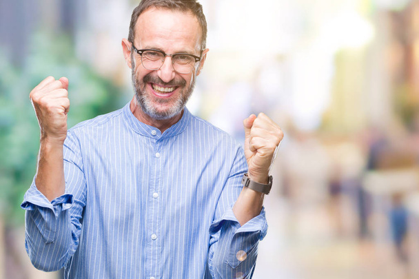 Middle age hoary senior man wearing glasses over isolated background celebrating surprised and amazed for success with arms raised and open eyes. Winner concept. - Photo, Image