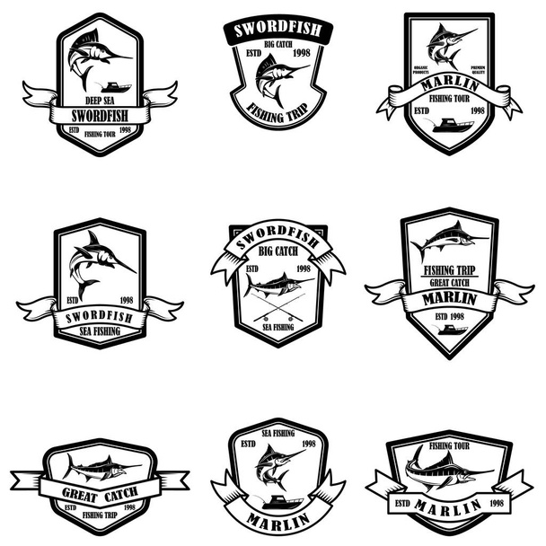 Set of deep sea marlin fishing emblems. Design element for logo, label, emblem, sign. Vector illustration - Vector, Image