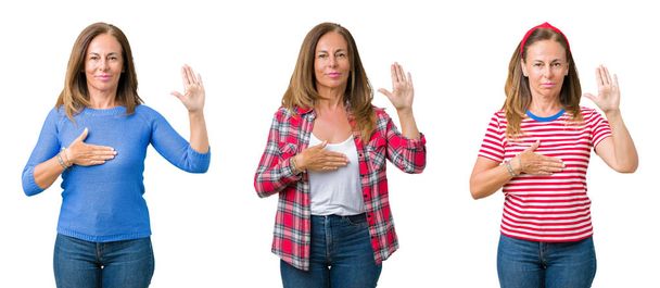 Коллаж красивой женщины среднего возраста на изолированном фоне Клятва с рукой на груди и открытой ладони, давая клятву верности
 - Фото, изображение