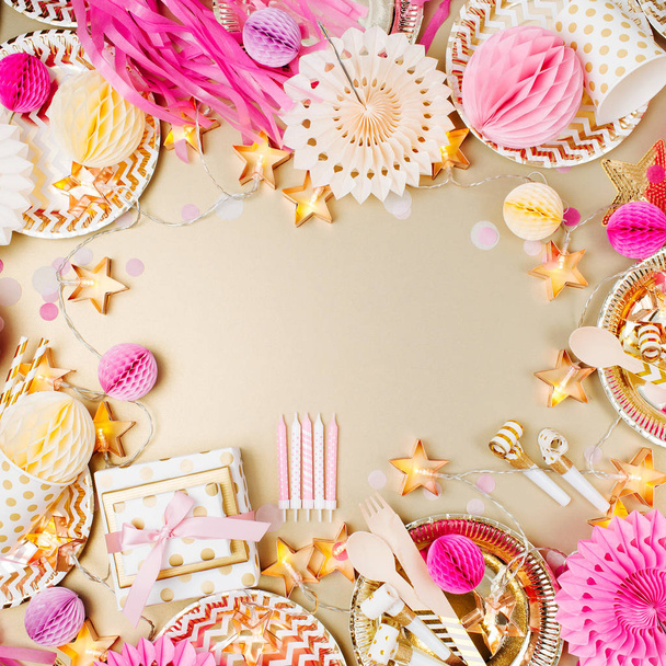 Birthday party background. Gold and pink color. Flat lay, top view - Fotó, kép
