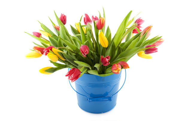 Colorful tulips in spotted vase - Φωτογραφία, εικόνα