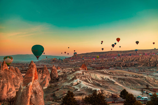 Magnificent dawn with hot air balloons. Cappadocia, Goreme, Turkey - January 29, 2019. - Photo, Image