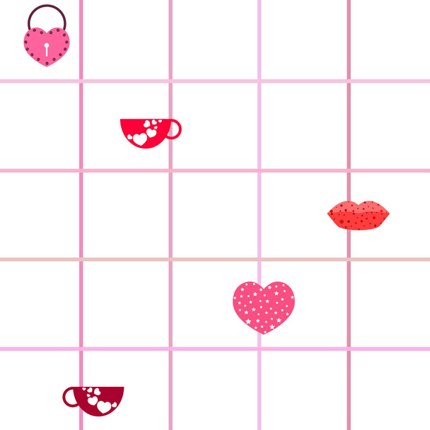 Valentine's Day, mug, lock, lips, heart, vector background - Vecteur, image