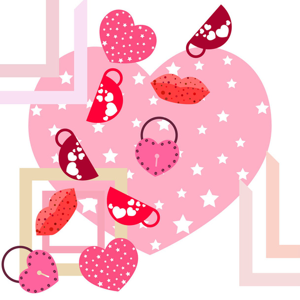 Valentine's Day, mug, lock, lips, heart, vector background - Vector, imagen