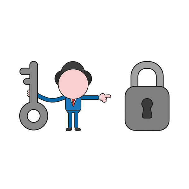 Ilustración vectorial personaje de hombre de negocios sosteniendo la llave y apuntando candado para desbloquear. Color y contornos negros
. - Vector, Imagen