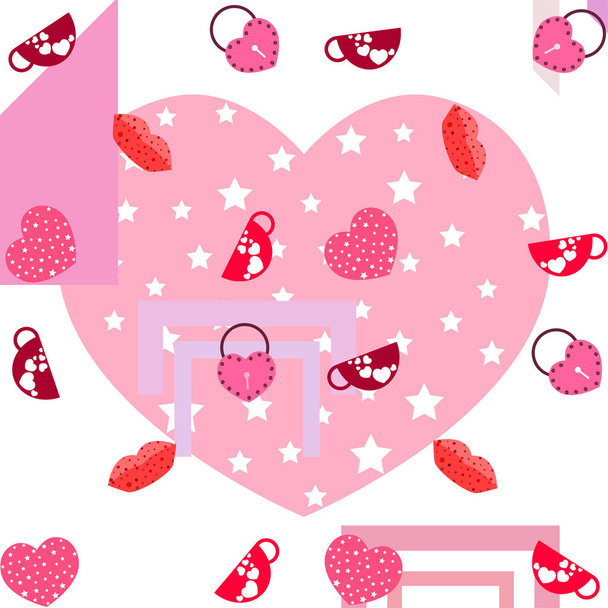 Valentine's Day, mug, lock, lips, heart, vector background - Vetor, Imagem