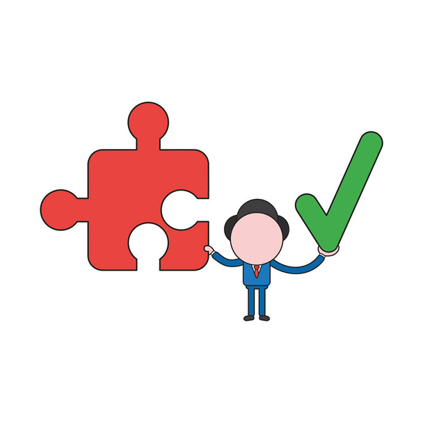 Vector illustration businessman character holding jigsaw puzzle piece and check mark. Color and black outlines. - Vector, Image