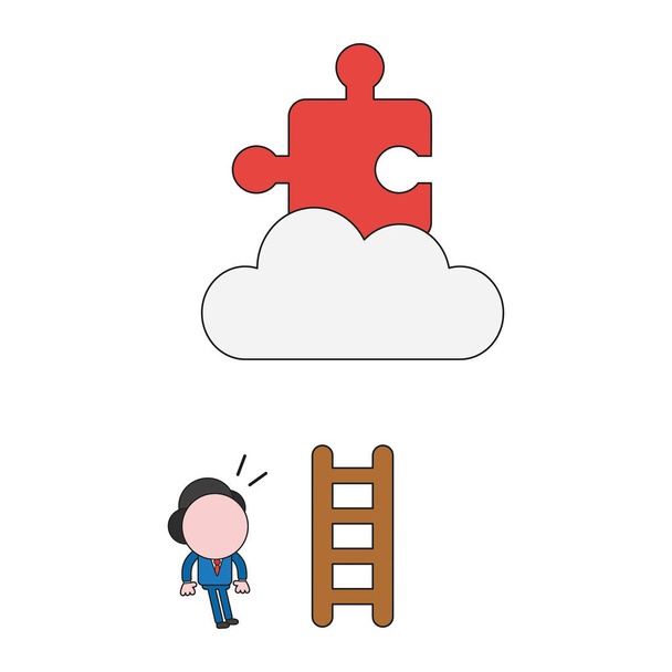 Personagem de homem de negócios de ilustração vetorial com escada de madeira curta e procurando peça de quebra-cabeça ausente na nuvem. Cor e contornos negros
. - Vetor, Imagem