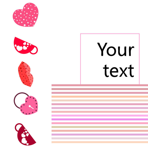Valentine's Day, mug, lock, lips, heart, vector background - Вектор, зображення