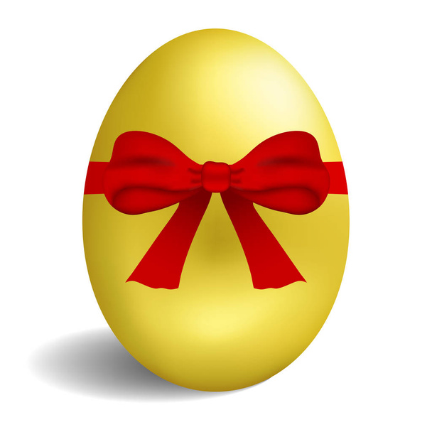 Realistic golden egg with red bow isolated on white background. Easter egg for greeting card. Vector illustration. - Vetor, Imagem