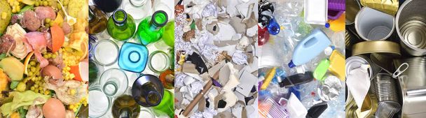 recycling, blikje, plastic, papier, glas en biologische - Foto, afbeelding