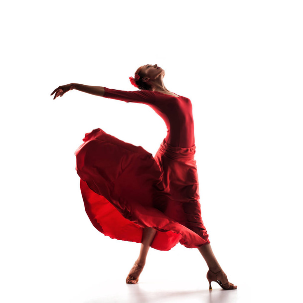 silhouette of woman dancer wearing red dress - Fotoğraf, Görsel