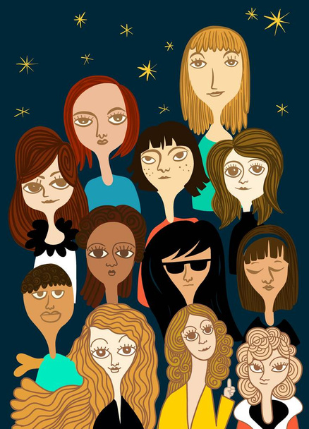 International Women's Day. Vector pattern with women faces,Vector illustration in doodle style  - Vektor, kép