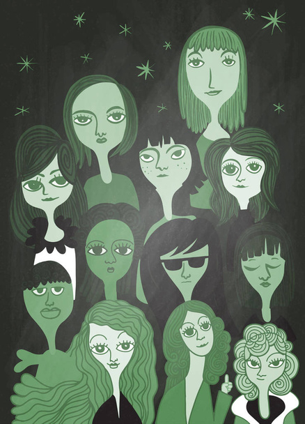 International Women's Day. Vector pattern with women faces,Vector illustration in doodle style  - ベクター画像